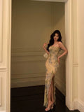 Niulatu Sheath Strapless Floral Slit Long Prom Dresses Birthday Outfits SD592