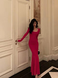 Niulatu Mermaid Square Neckline Long Sleeves Pink Prom Dresses Birthday Outfits SD593