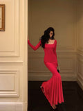 Niulatu Mermaid Square Neckline Long Sleeves Pink Prom Dresses Birthday Outfits SD593