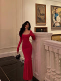 Niulatu Mermaid Square Neckline Long Sleeves Pink Prom Dresses Birthday Outfits SD593