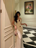 Niulatu Mermaid Straps White Long Satin Prom Dresses Birthday Outfits SD594