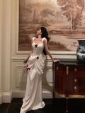 Niulatu Mermaid Straps White Long Satin Prom Dresses Birthday Outfits SD594