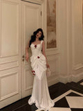 Niulatu Mermaid Straps White Long Satin Prom Dresses Birthday Outfits SD594