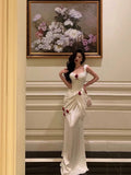 Niulatu Mermaid Straps White Long Satin Prom Dresses Birthday Outfits SD594