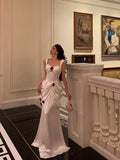 Niulatu Mermaid Straps White Long Satin Prom Dresses Birthday Outfits SD594