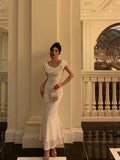 Niulatu Sheath Boat Chiffon White Ankle Length Prom Dresses Birthday Outfits SD595