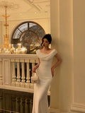 Niulatu Sheath Boat Chiffon White Ankle Length Prom Dresses Birthday Outfits SD595