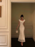 Niulatu Sheath Boat Chiffon White Ankle Length Prom Dresses Birthday Outfits SD595