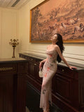 Niulatu Sheath Spaghetti Straps Floral Pink Ankle Length Prom Dresses Birthday Outfits SD597