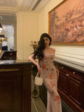 Niulatu Sheath Spaghetti Straps Floral Pink Ankle Length Prom Dresses Birthday Outfits SD597