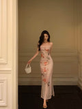 Niulatu Sheath Spaghetti Straps Floral Pink Ankle Length Prom Dresses Birthday Outfits SD597