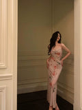 Niulatu Sheath Spaghetti Straps Floral Pink Ankle Length Prom Dresses Birthday Outfits SD597