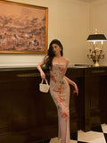 Niulatu Sheath Spaghetti Straps Floral Pink Ankle Length Prom Dresses Birthday Outfits SD597