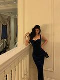Niulatu Sheath Straps Royal Blue Velvet Ankle Length Prom Dresses Birthday Outfits SD599