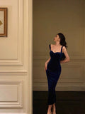 Niulatu Sheath Straps Royal Blue Velvet Ankle Length Prom Dresses Birthday Outfits SD599