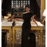 Niulatu Sheath Off The Shoulder Black Ankle Length Prom Dresses Birthday Outfits SD600