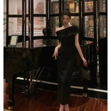 Niulatu Sheath Off The Shoulder Black Ankle Length Prom Dresses Birthday Outfits SD600