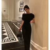 Niulatu Sheath Off The Shoulder Black Ankle Length Prom Dresses Birthday Outfits SD600