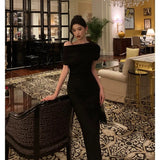 Niulatu Sheath Off The Shoulder Black Ankle Length Prom Dresses Birthday Outfits SD600