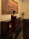 Niulatu Sheath Square Neckline Burgundy Velvet Ankle Length Prom Dresses Birthday Outfits SD603