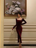 Niulatu Sheath Square Neckline Burgundy Velvet Ankle Length Prom Dresses Birthday Outfits SD603