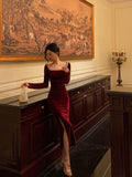 Niulatu Sheath Square Neckline Burgundy Velvet Ankle Length Prom Dresses Birthday Outfits SD603
