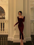 Niulatu Sheath Square Neckline Burgundy Velvet Ankle Length Prom Dresses Birthday Outfits SD603