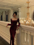Niulatu Sheath Square Neckline Burgundy Velvet Ankle Length Prom Dresses Birthday Outfits SD603