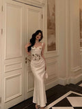 Niulatu Mermaid Sweetheart Straps White Floral Long Satin Prom Dresses Birthday Outfits SD604