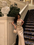 Niulatu Mermaid Sweetheart Straps White Floral Long Satin Prom Dresses Birthday Outfits SD604