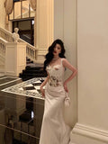 Niulatu Mermaid Sweetheart Straps White Floral Long Satin Prom Dresses Birthday Outfits SD604