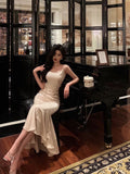 Niulatu Mermaid Spaghetti Straps Mid Length Satin Prom Dresses Birthday Outfits SD605