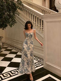 Niulatu A line Spaghetti Straps Mid Length Floral Blue Prom Dresses Birthday Outfits SD606