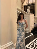 Niulatu A line Spaghetti Straps Mid Length Floral Blue Prom Dresses Birthday Outfits SD606