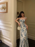 Niulatu A line Spaghetti Straps Mid Length Floral Blue Prom Dresses Birthday Outfits SD606