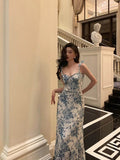 Niulatu A line Spaghetti Straps Mid Length Floral Blue Prom Dresses Birthday Outfits SD606