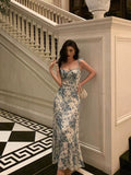 Niulatu A line Spaghetti Straps Mid Length Floral Blue Prom Dresses Birthday Outfits SD606