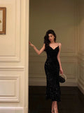 Niulatu Mermaid Spaghetti Straps Black Sequin Prom Dresses Birthday Outfits SD607