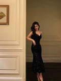 Niulatu Mermaid Spaghetti Straps Black Sequin Prom Dresses Birthday Outfits SD607