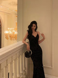 Niulatu Mermaid Spaghetti Straps Black Sequin Prom Dresses Birthday Outfits SD607