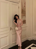 Niulatu Mermaid Spaghetti Straps Pink Satin Ankle Length Prom Dresses Birthday Outfits SD608