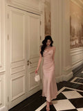 Niulatu Mermaid Spaghetti Straps Pink Satin Ankle Length Prom Dresses Birthday Outfits SD608