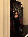 Niulatu Mermaid Halter Long Sleeves Velvet Black Prom Dresses Birthday Outfits SD609