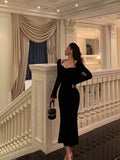 Niulatu Mermaid Halter Long Sleeves Velvet Black Prom Dresses Birthday Outfits SD609