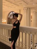 Niulatu Sheath One Shoulder Straps Black Slit Long Prom Dresses Birthday Outfits SD610