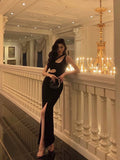 Niulatu Sheath One Shoulder Straps Black Slit Long Prom Dresses Birthday Outfits SD610