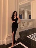 Niulatu Sheath One Shoulder Straps Black Slit Long Prom Dresses Birthday Outfits SD610