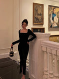 Niulatu Mermaid Square Neckline Black Velvet Slit Prom Dresses Birthday Outfits SD614