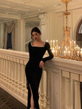 Niulatu Mermaid Square Neckline Black Velvet Slit Prom Dresses Birthday Outfits SD614