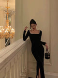 Niulatu Mermaid Square Neckline Black Velvet Slit Prom Dresses Birthday Outfits SD614